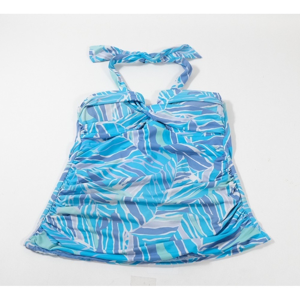 Leilani Tankini Swim Top Women Size 12‎ Blue Palm Leaf Halter Ruched Twist Front